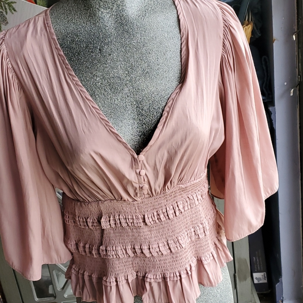 Mauve Elasticized Bodice Waist Flowy Sleeves Top